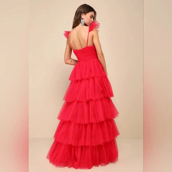 Lulus Fabulous Poise Bright Red Tulle Ruffled Tiered Maxi Dress Party Prom - Picture 5 of 11